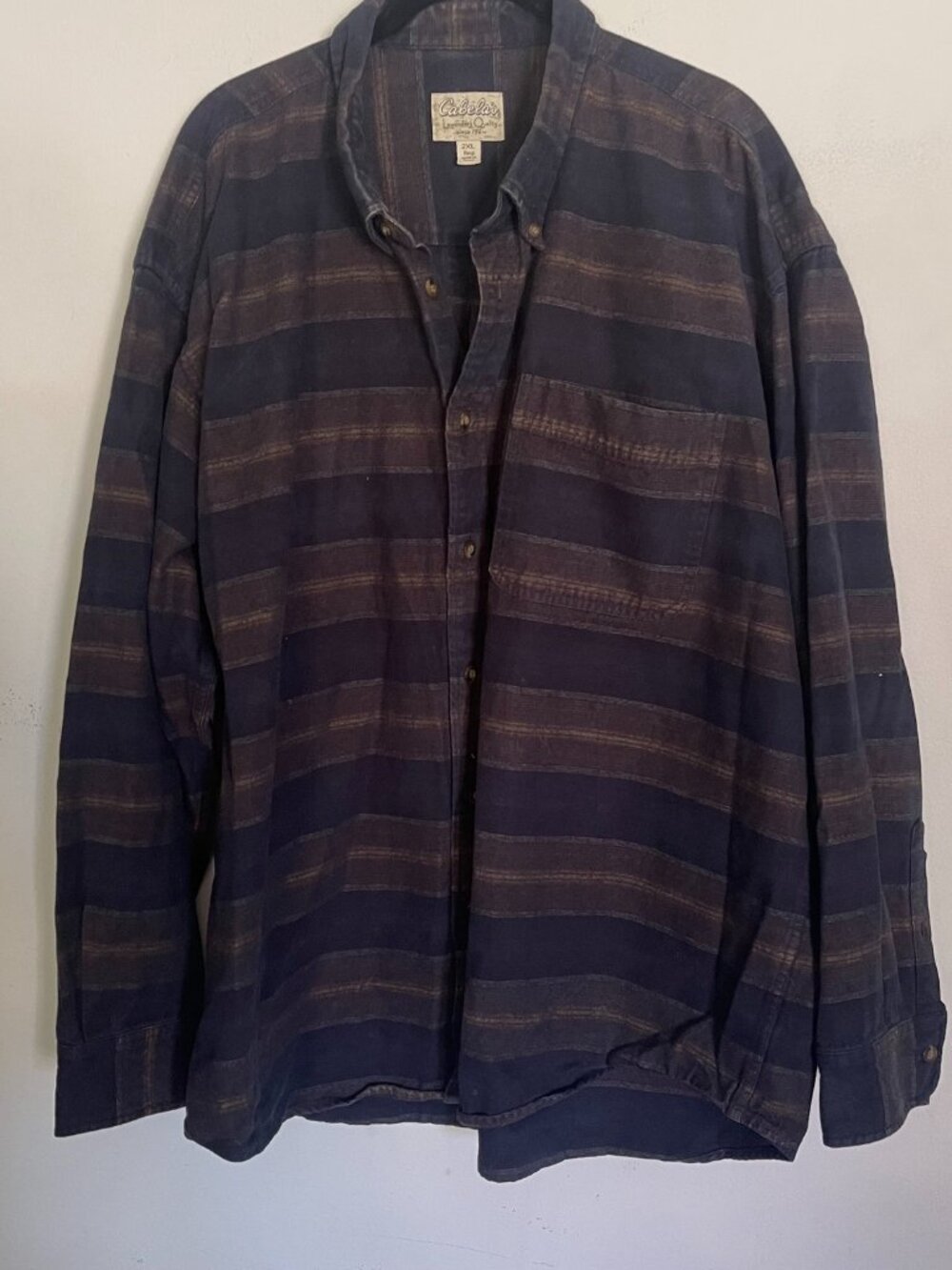 Vintage Cabelas Men 2XL Heavy Plaid Flannel Button Up Long Sleeve Brown Blue T8